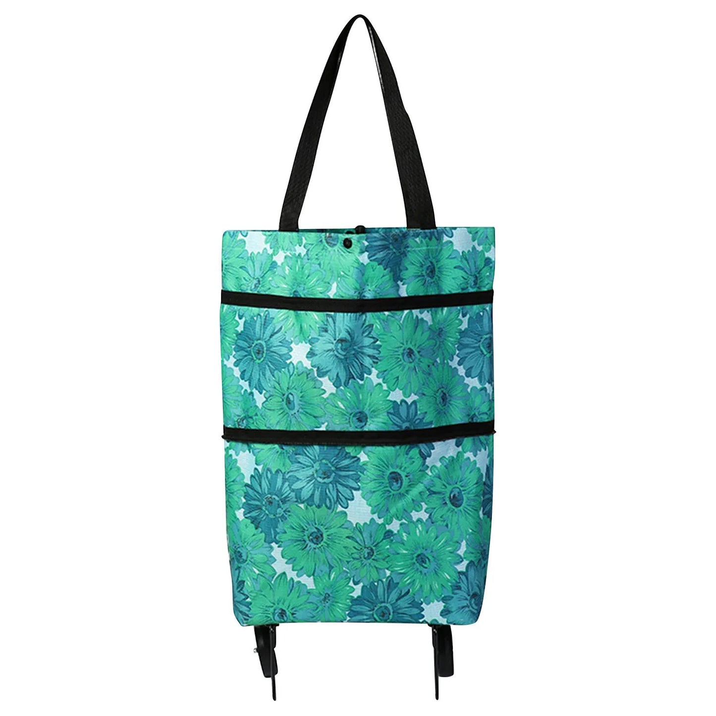 2-In-1 Foldable Shopping Cart Bag-Convertible Wheeled Trolley to Shoulder Bag Waterproof Oxford with Stand for Grocery/Market