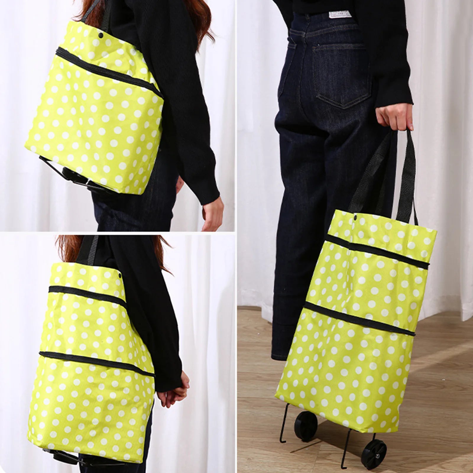 2-In-1 Foldable Shopping Cart Bag-Convertible Wheeled Trolley to Shoulder Bag Waterproof Oxford with Stand for Grocery/Market