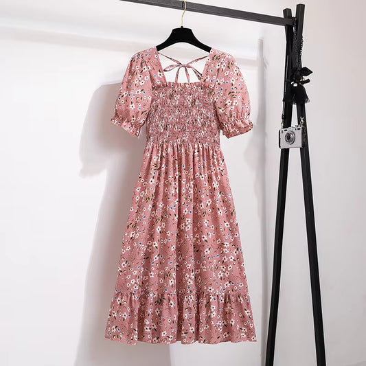 Spring Summer Chiffon Dresses Fashion Female Elastic Waist Short Sleeve Pleated Casual Dress Women A-Line Dresses Vestidos