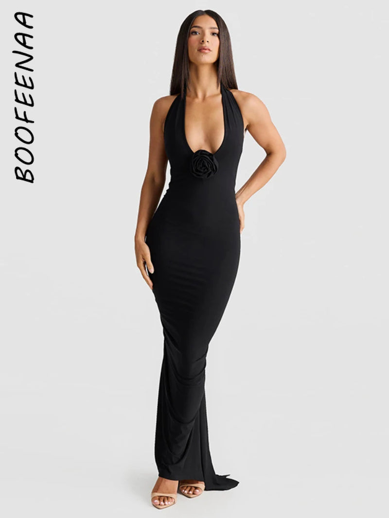 Long Party Dresses for Women Elegant Sexy Floral-Applique Halter Backless Maxi Dress Summer Clothes 2024 C83-CE37